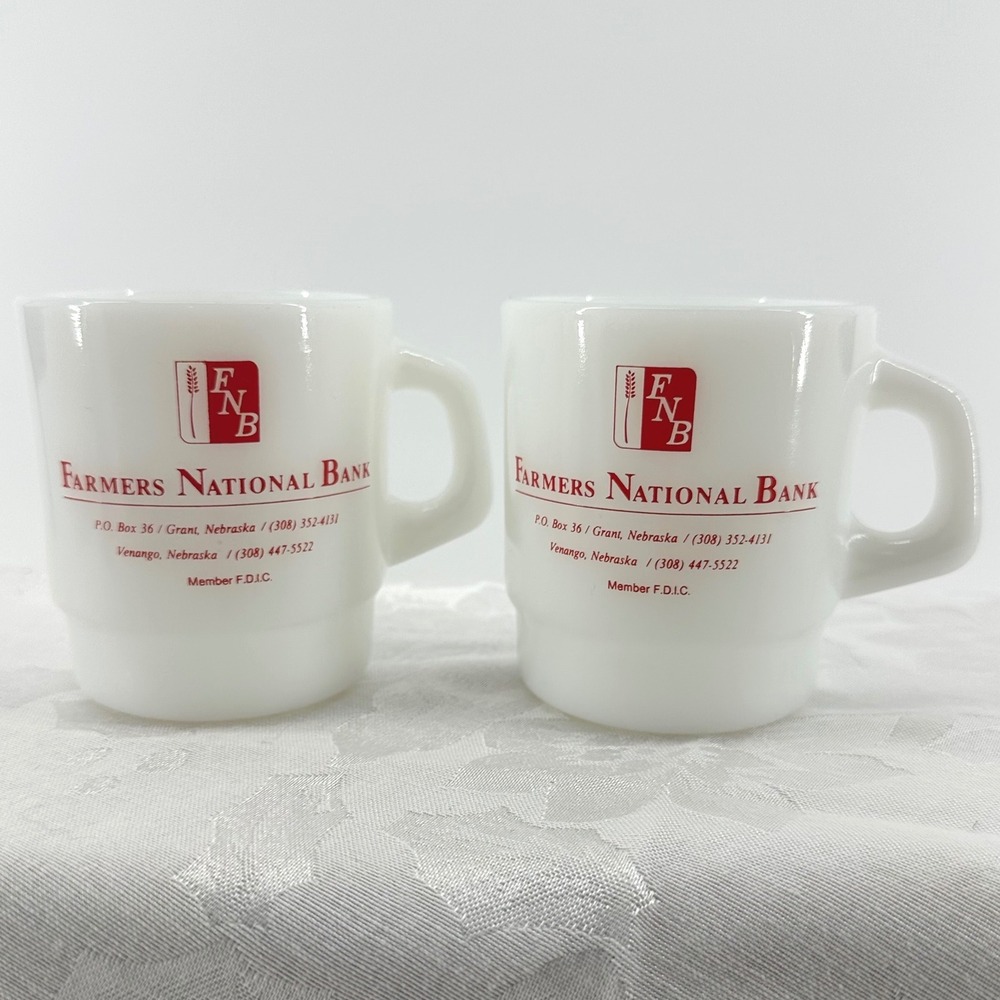 Vintage Galaxy Milk Glass Mugs White Excellent Farmers National Bank Nebraska x2